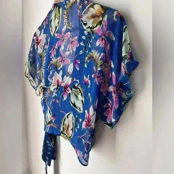 Zara Women’s Floral Blue Sheer Wrap Waist Coastal Euro Summer Boho Top XS - Picture 9 of 11